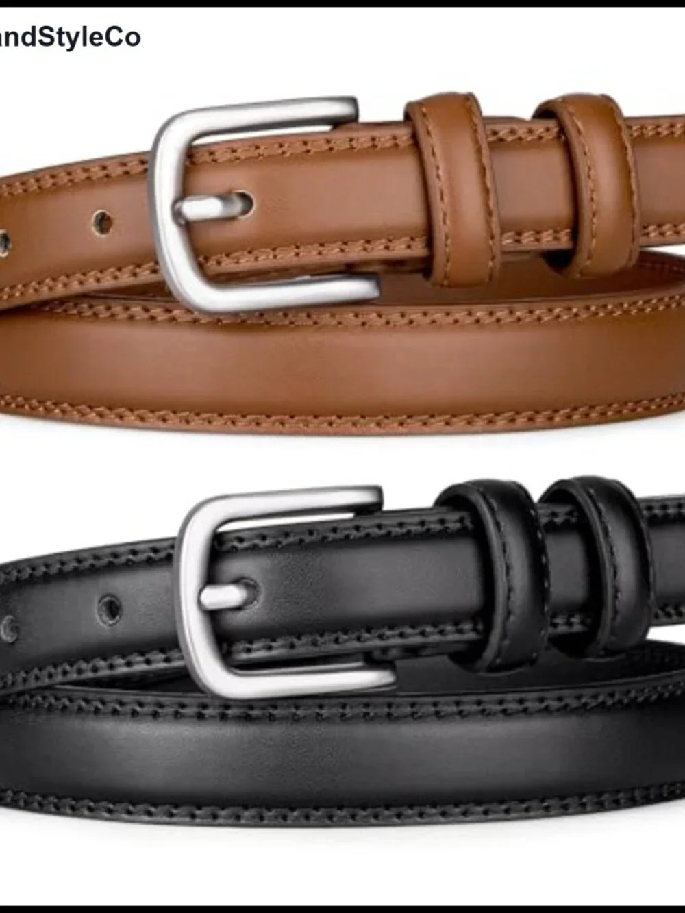Women's Fashion Belts 2 Pack Faux Leather PU Minimalist Silver Buckle Trendy